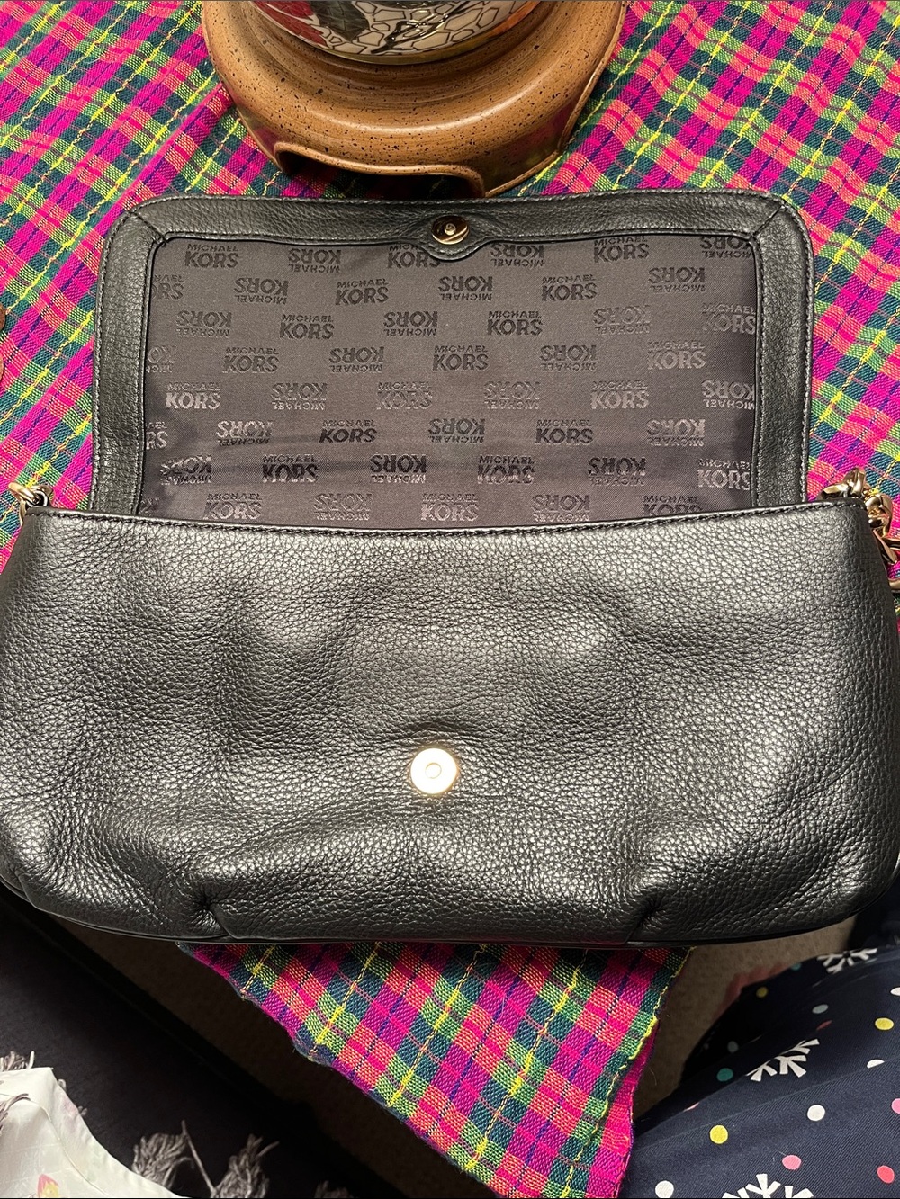 Michael Kors Black Leather Shoulder Bag with Gold MK Emblem - Picture 9 of 14